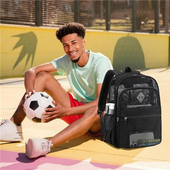 Heavy Duty Mesh Backpack See Through School Beach Travel Sports Transparent Bag - Picture 2 of 7